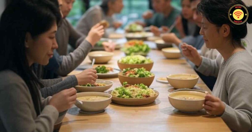 People taking food together after practicing Vipassana Meditation