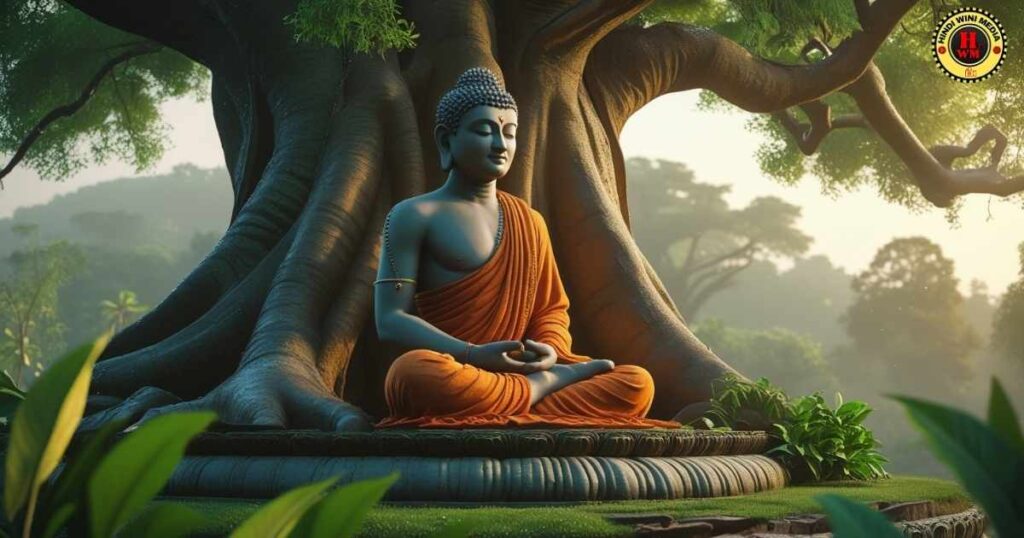 Siddhartha Gautama (the Buddha) in deep meditation under a magnificent, ancient Bodhi tree