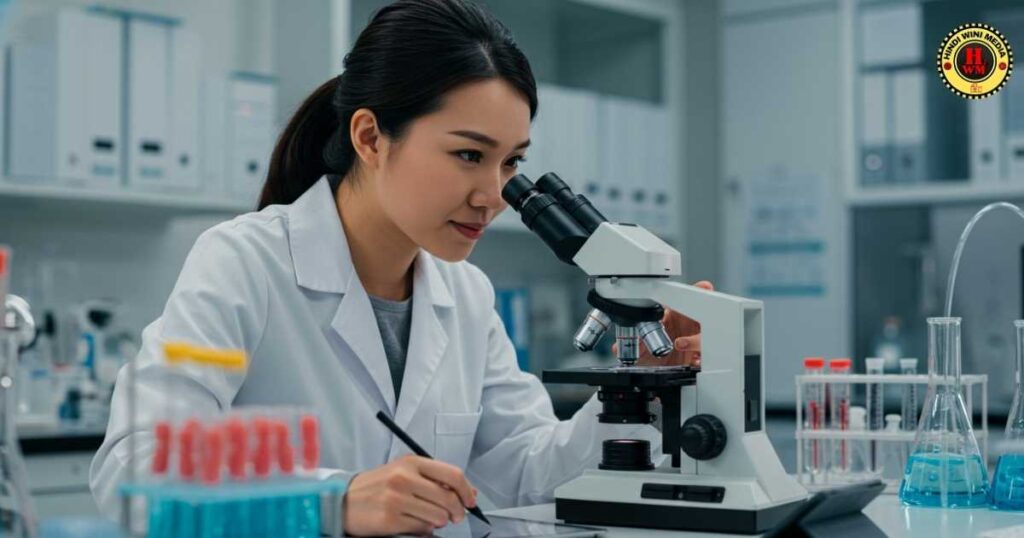 Scientist studying gut microbiota under microscope