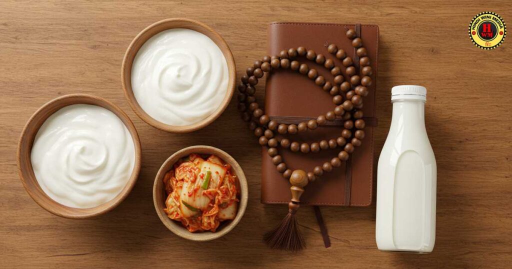 Probiotic foods and meditation mala on table