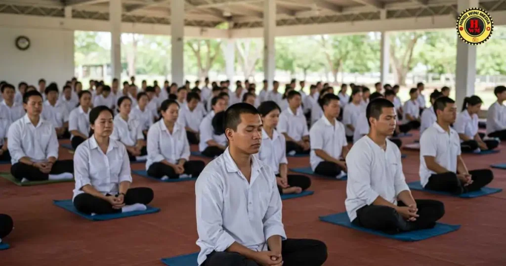 Group of people meditating together in a Vipassana course