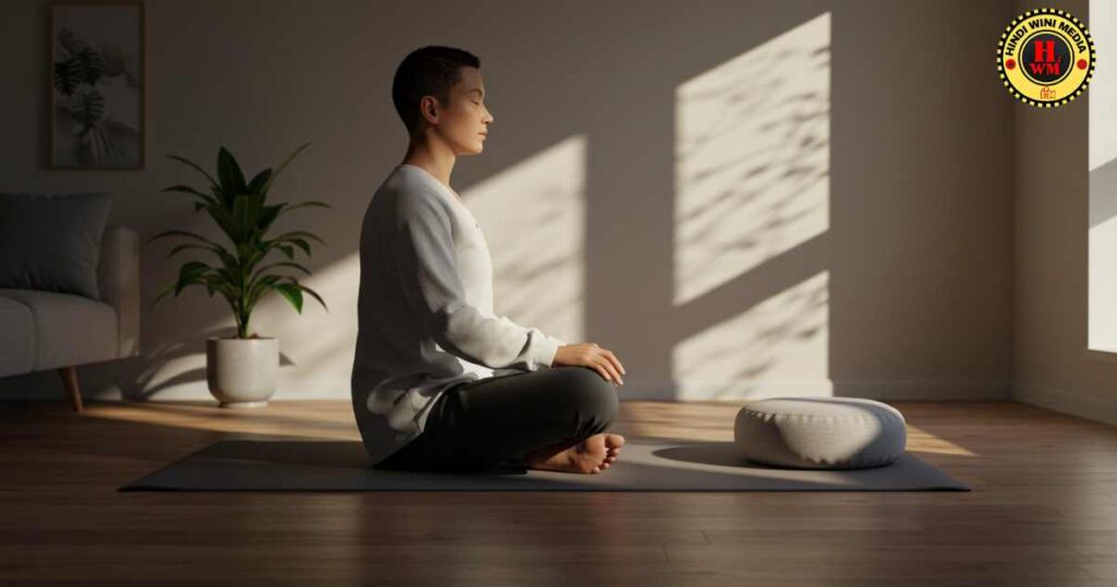 Person practicing daily Vipassana meditation for mental health at home.