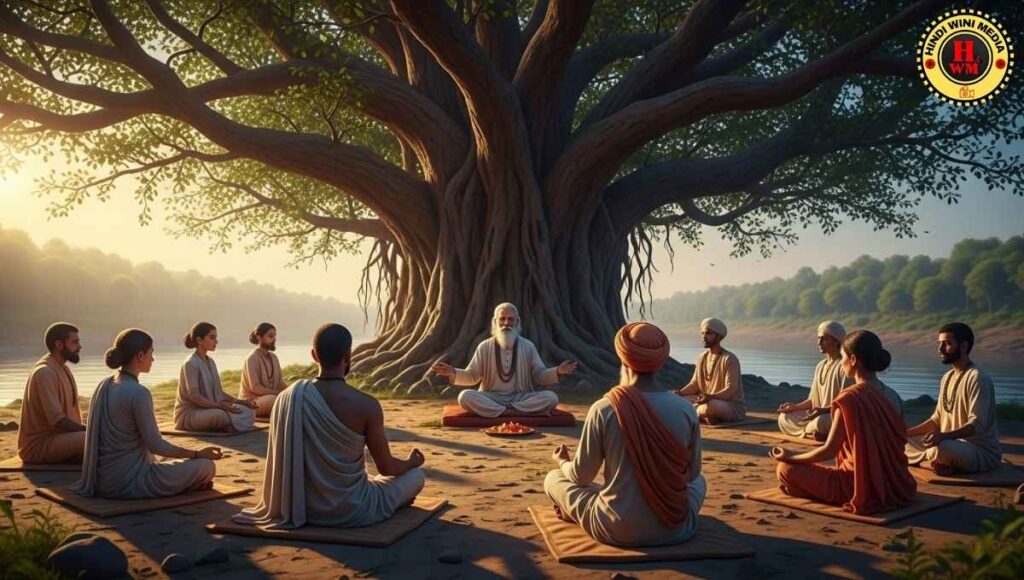 Ancient Indian group practicing Vipassana meditation under banyan tree