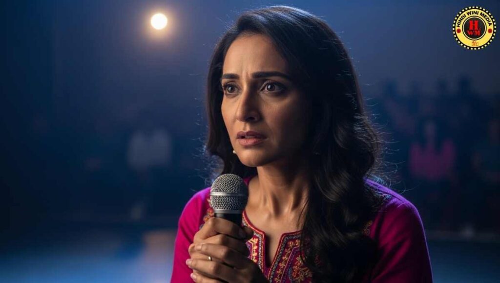 Nervous Indian woman backstage with public speaking fear