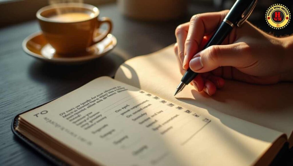 Hand writing in journal with coffee