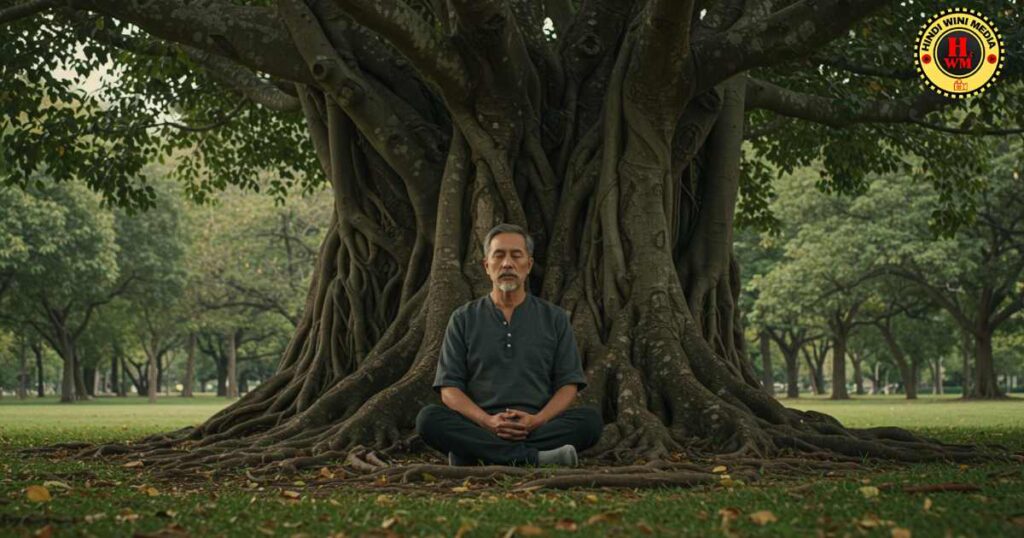 Man practicing Vipassana to release trauma under a banyan tree.