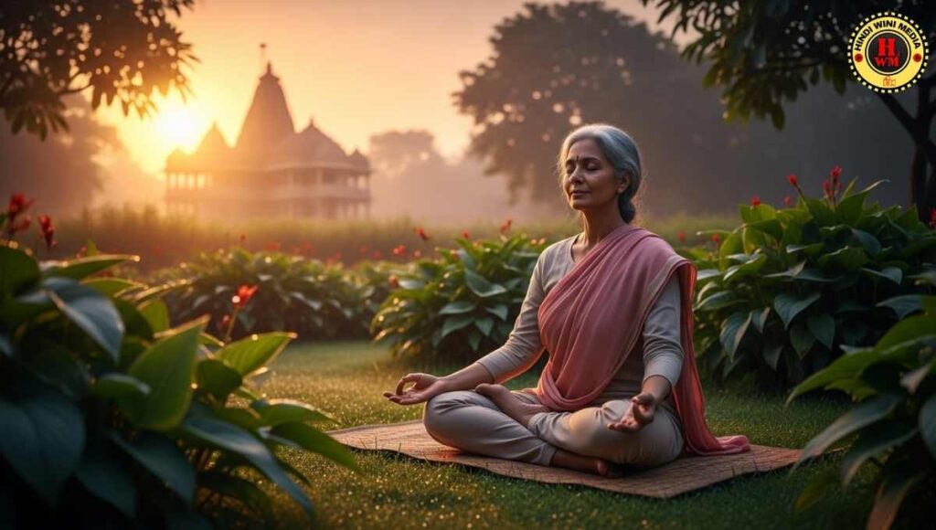 Person practicing Vipassana meditation in serene Indian garden