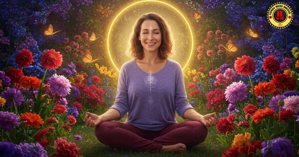 Woman meditating in a garden, cultivating self-love through Vipassana.