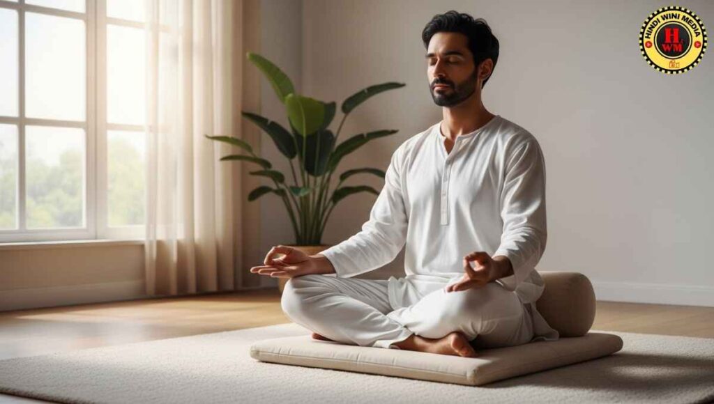 Indian person practicing Vipassana meditation on cushion