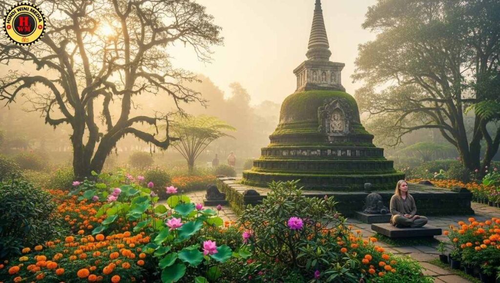 Buddhist stupa with meditating person, representing vipassana history
