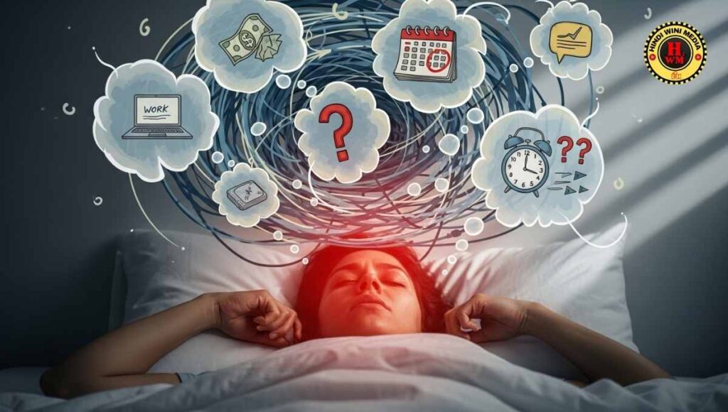 Stressed person in bed with racing thoughts affecting sleep