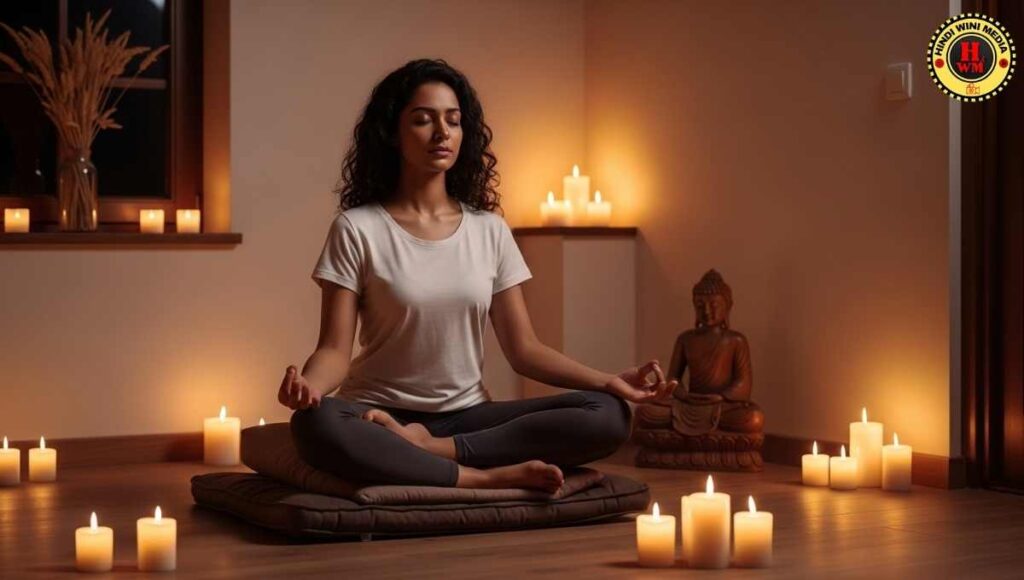 Indian woman practicing Vipassana meditation in cozy room