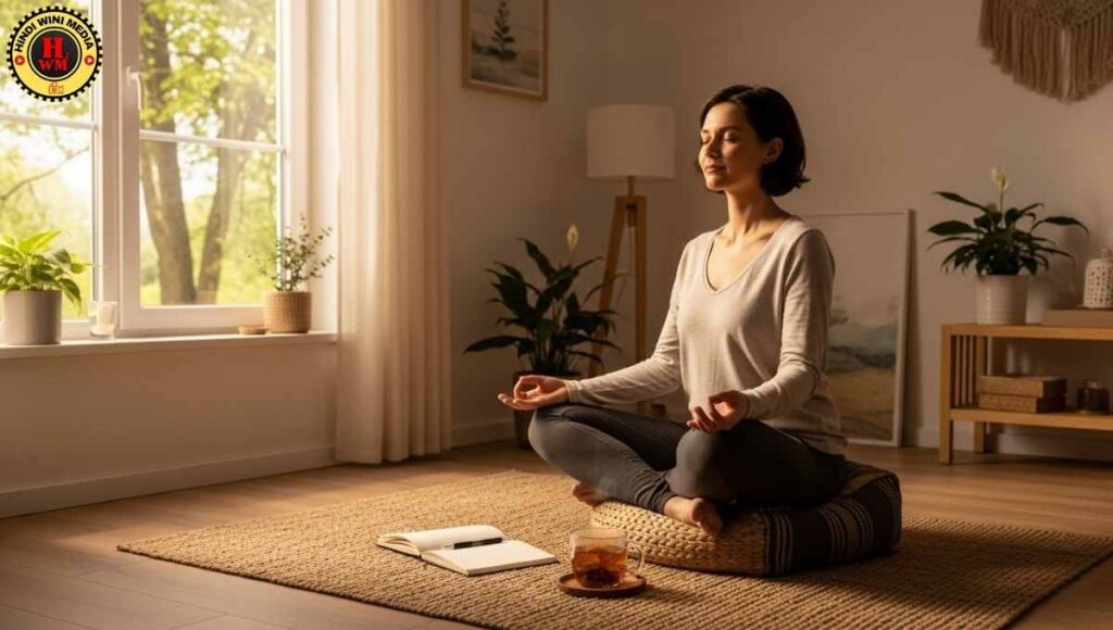 Person practicing vipassana meditation in a cozy room