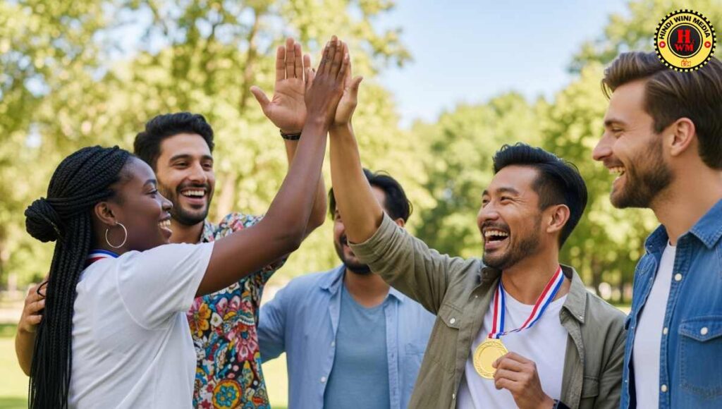 Friends high-fiving with medal