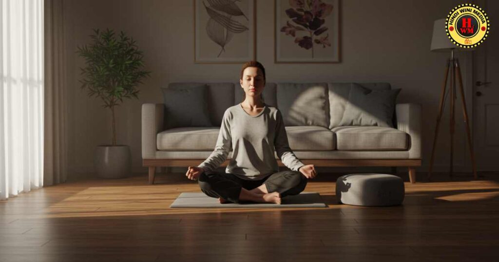 Person practicing Vipassana meditation for mental health in a cozy room.
