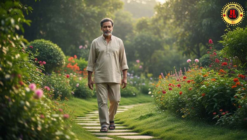 A serene garden setting with a person practicing mindful walking during Vipassana meditation.