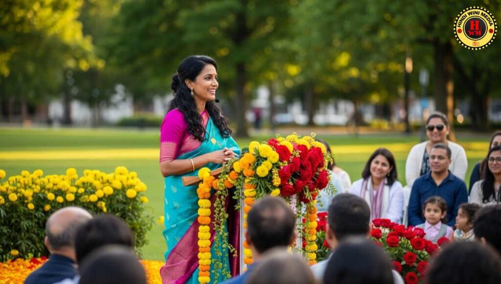 Indian woman speaking confidently at community event