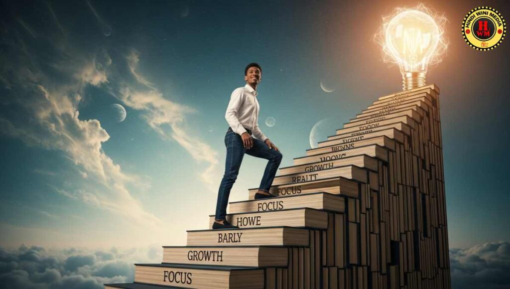 Climbing book staircase to success