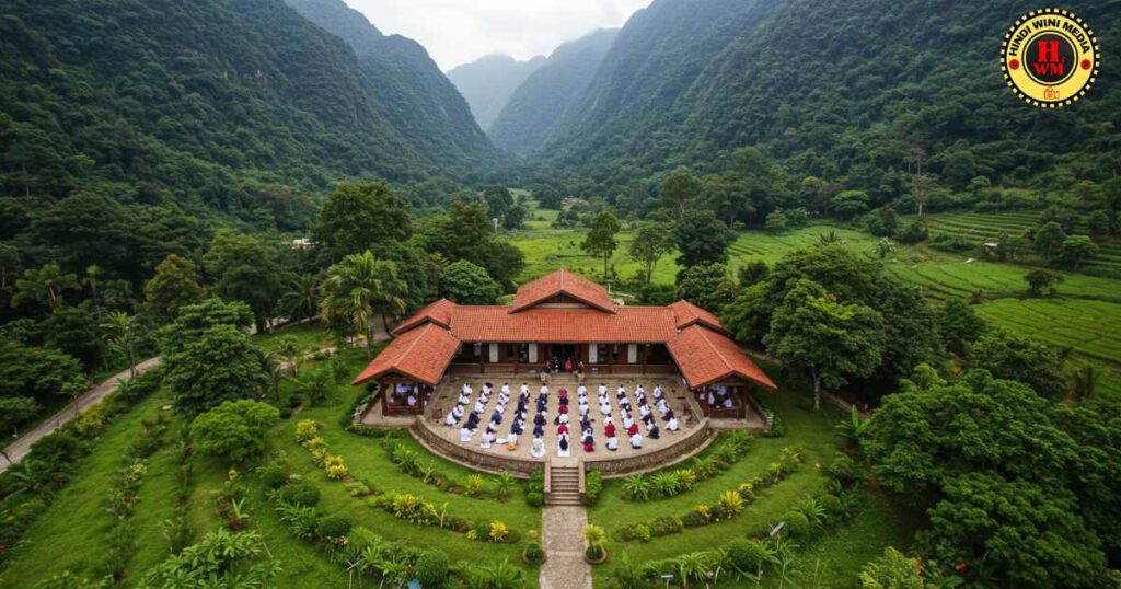 Aerial view of a Vipassana retreat center promoting self-love and peace.
