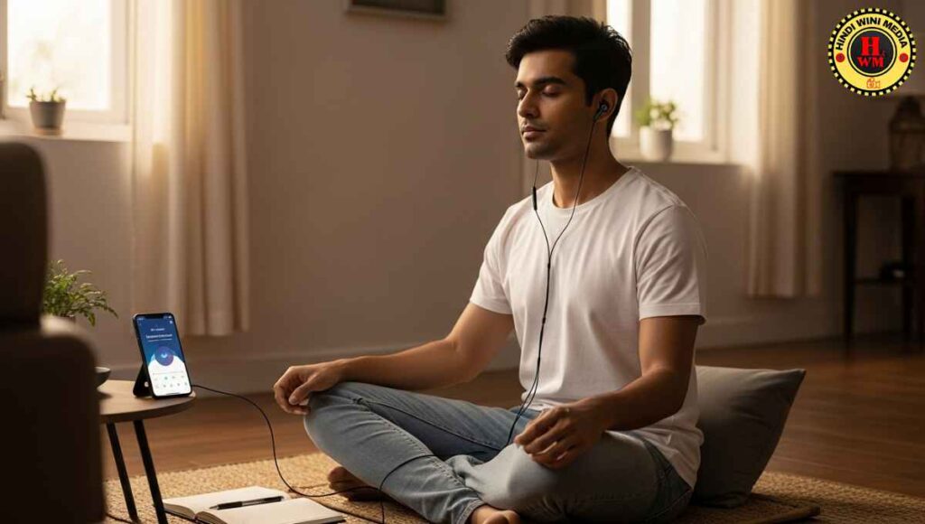 Beginner practicing Vipassana meditation with guided audio