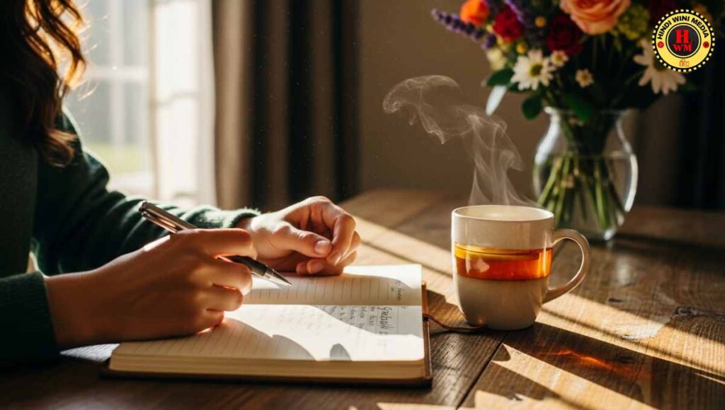 Person writing in gratitude journal in a cozy setting
