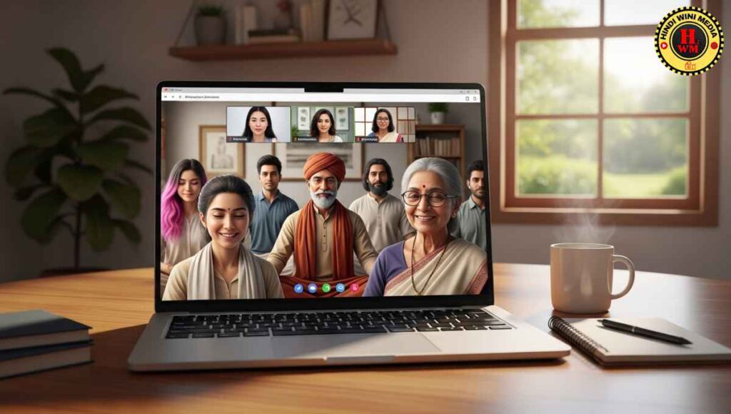 A cozy home setup with a laptop showing a virtual Vipassana meditation group session.