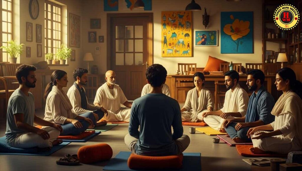 Group practicing Vipassana meditation in community center
